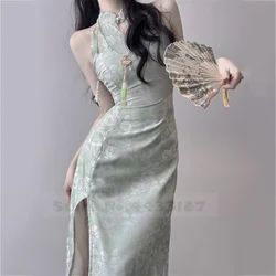 Chinese Style Cheongsam Hanfu Women Sleeveless Long Qipao Sexy Jacquard Improved Chinese Dress Elegant Vestidos Vintage Costume