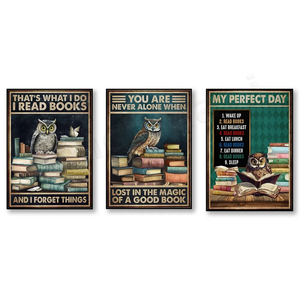 Owl You Are Never Alone When Lost In The Magic Of A Good Book Vintage Poster, Owl Reading Poster, Owl Bookworm Canvas