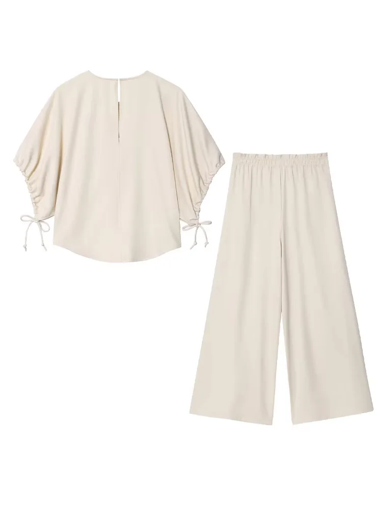 HH, camisa con cordones y cuello redondo con mangas abullonadas y botones a la moda para mujer + pantalones ajustados con cordón de cintura alta, conjunto liso de 2 piezas