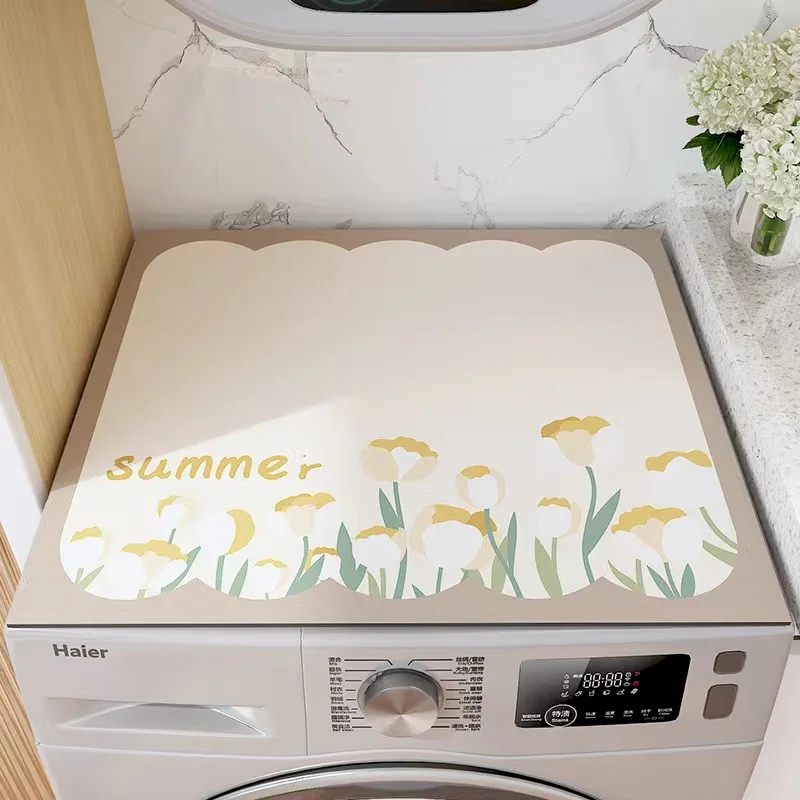 VIKAMA Purple Tulip Summer Mat, Cute Scalloped Minimal Washing Machine Laundry Room Cover,Bohemian Home Decoration