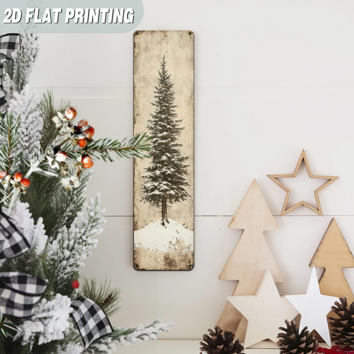 2D Flat, 2D Flat Single-Piece Vintage Evergreen Tree Snow Scene Wooden Sign, Winter Forest Scene Wall Art, Suitable for Home, Li