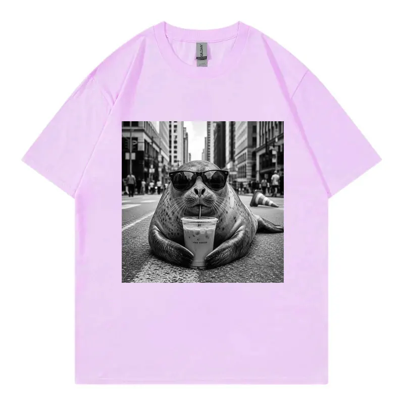 Neil The Seal Drinking Iced Coffee Funny Meme T Shirt Men Women Fashion Vintage T-shirts Summer Casual Loose 100%cotton T-shirt