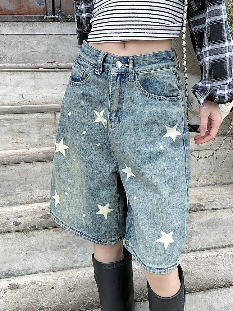 Vintage Star Denim Shorts Women High Waist Wide Leg Loose Casual Straight Leg Baggy Shorts Y2K Harajuku Printed Jeans Shorts