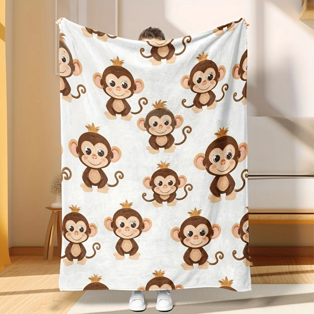 1pc, Cozy Throw Blanket, Relaxed Flannel Throw Featuring Casual Cartoon Cute Monkey Head Print, Unpretentious Style for Comforta