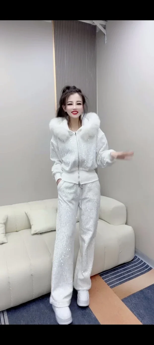 Winter New Fashion Heavy Sequins Long-Sleeved Furry Hooded Coat Women Casual Wide-Leg Pants Sweet Elegant Ladies Two-Piece Set