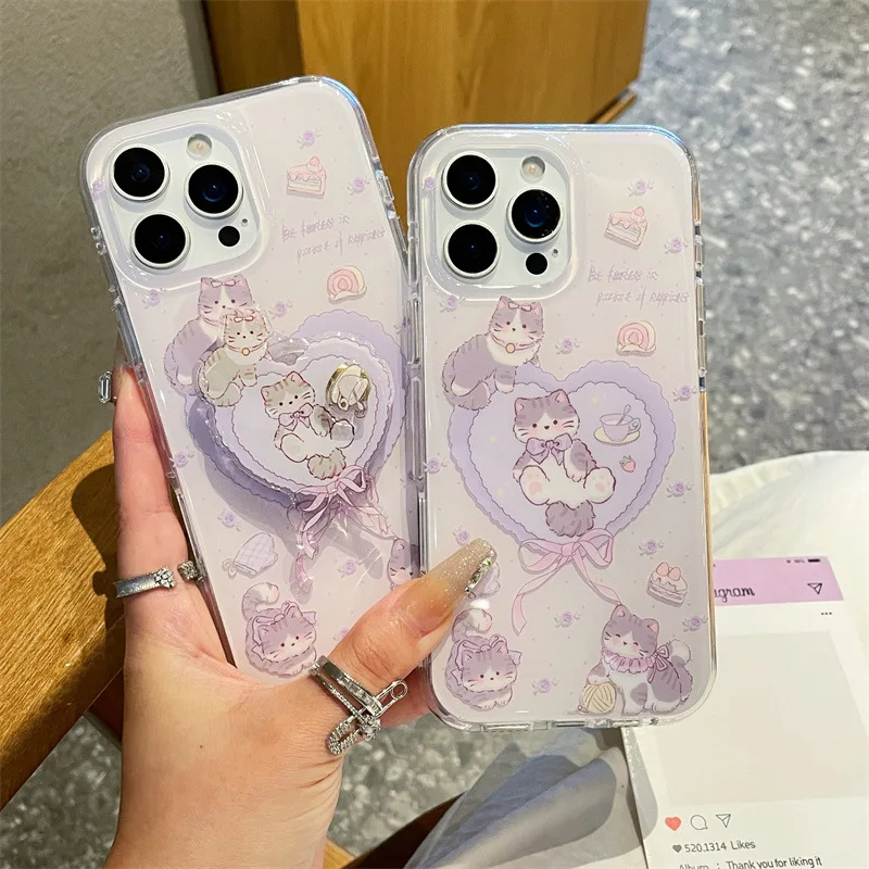 Koreanische süße Cartoon Liebe Herz lila Schleife Katze Halterung Handyhülle für iPhone 17 16 15 14 13 Pro Max stoßfeste Schutzhülle