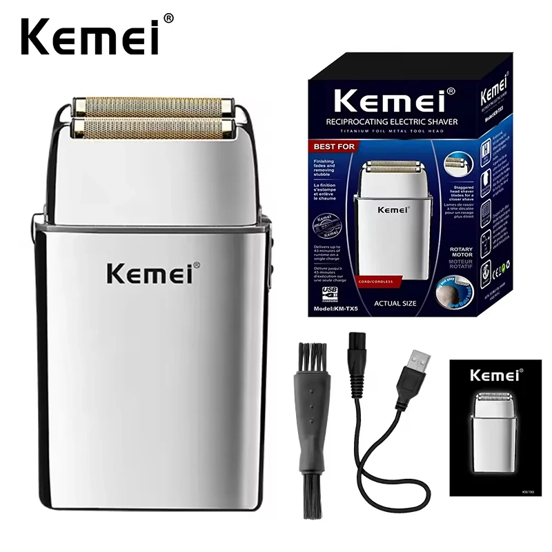 kemei-km-tx5-プレミアム充電式バッテリー搭載-シルバーシェーバー-ダブルネット-アルミ合金-往復式電気シェーバー-メンズ用