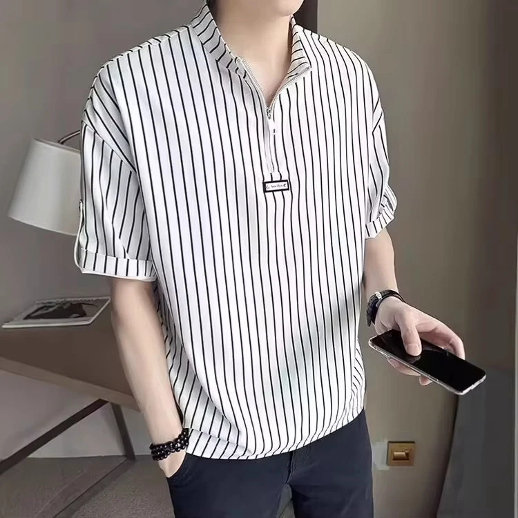 

Summer New Fashion 2025 Men's Striped Short Sleeve Stand Collar Half Zipper Casual Trendy T-shirts Male Undershirts Clothes Tops