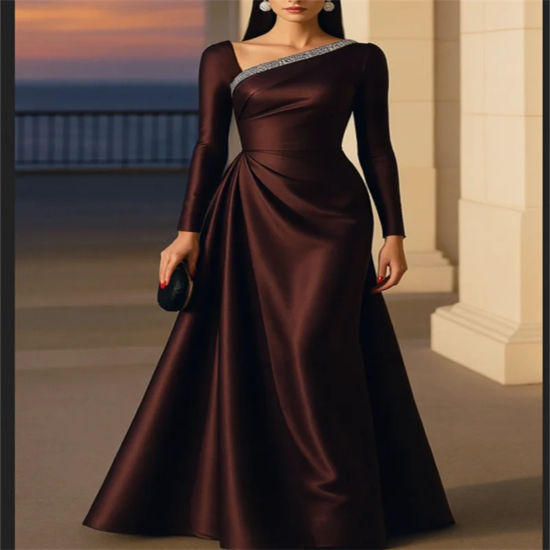 

Satin Luxurious Evening Dress for Women A Line Prom Dresses Woman Long Seleeves Elegant Party Dresses 2025 Beading Customized