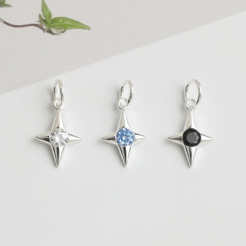 925 Silver Four Pointed Star Charm Zircon White Blue Black Zircon Star Pendant for DIY Bracelet Necklace Jewelry Making