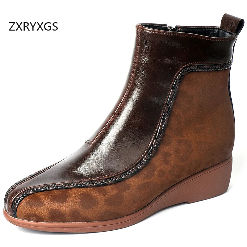 

ZXRYXGS Top Cowhide Splicing Spell Colors Women Genuine Leather Boots 2025 Large Size New Autumn Winter Boots Trendy Short Boots