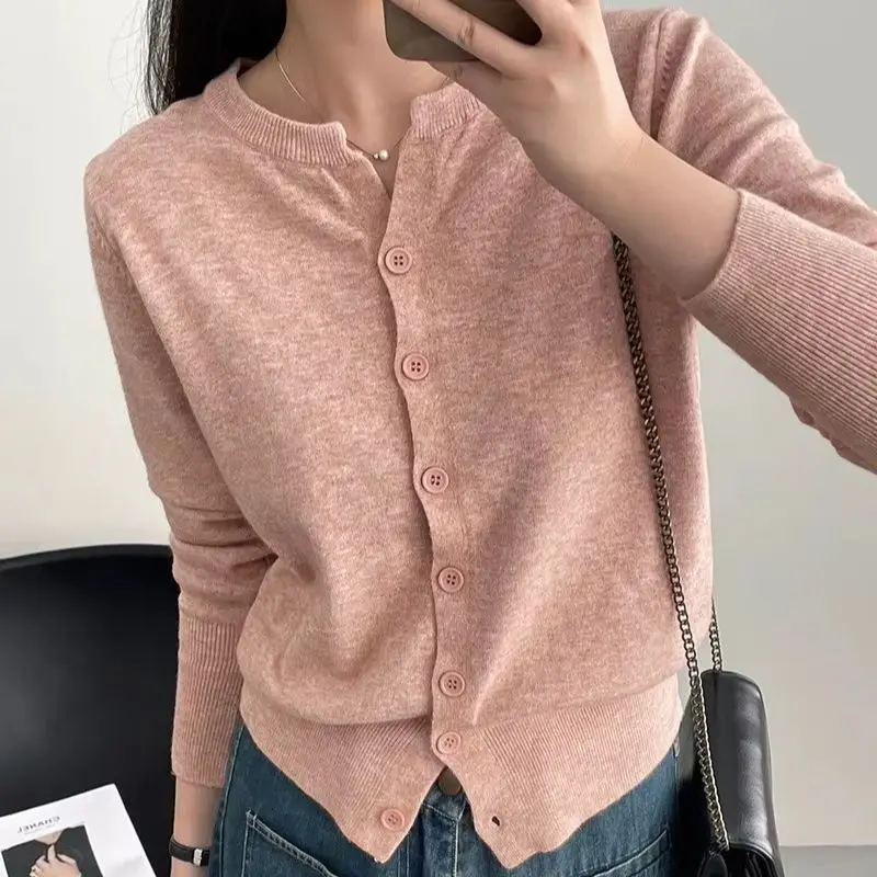 Long-sleeve Knit Cardigan for Women Soft Knit Button-up Round Neckline Comfy Fitted Sweater Jacket Top Spring Shrunken Cardigan