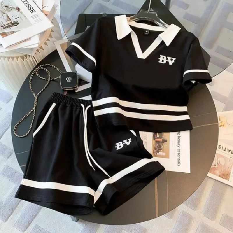 Summer Children Girls Clothes Set V Neck Tshirts and Shorts 2 Pieces Suit Teenage Girls Short Sleeve Top Bottom Tracksuit