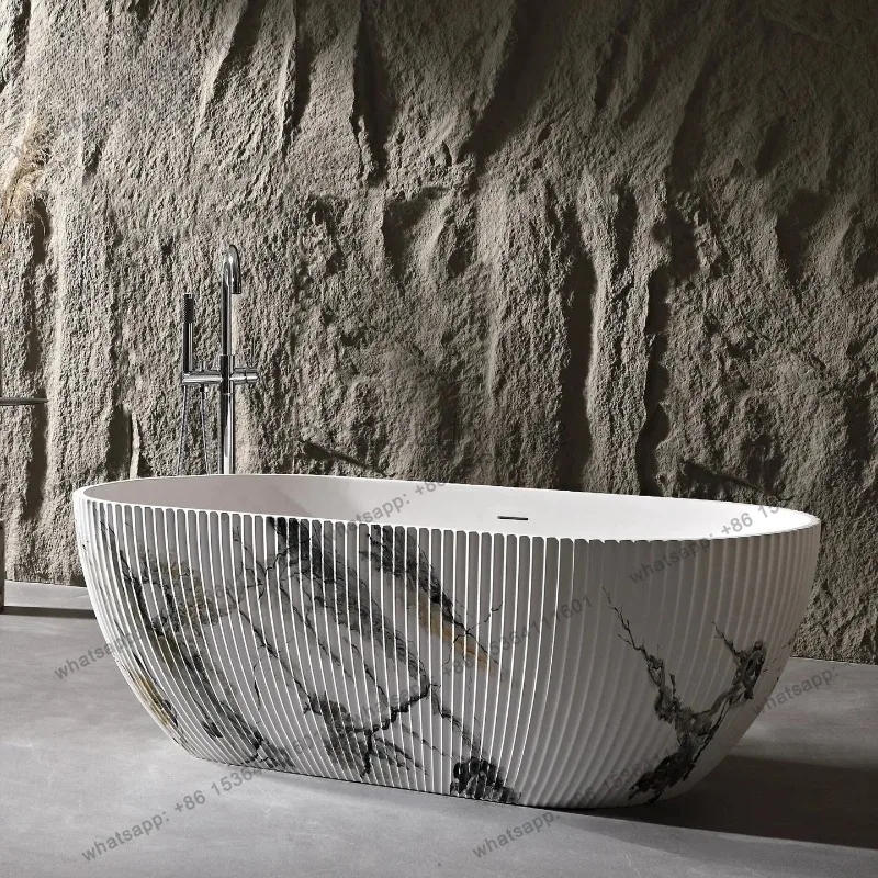 Freestanding Striped Artificial Stone Bathtub One Piece Molding Heat Preservation Ergonomic Designer For Bathroom Hotel Villa