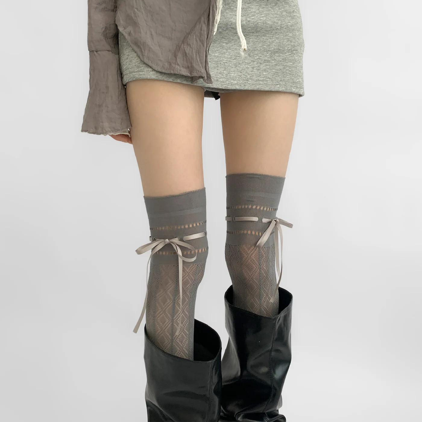 リボンオーバーレイストッキング おしゃれなオーバーニーレースソックス ニットコットンロングソックス 肌に優しいレースニーハイソックス