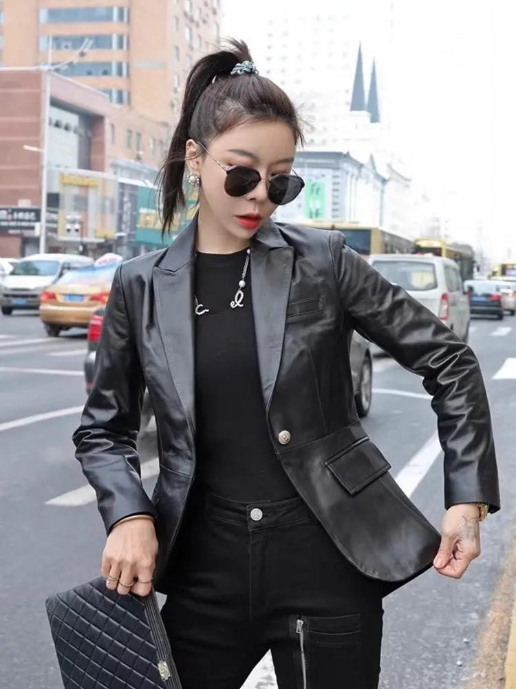 New Designer Office Ladies Back Hollow Out Button Slim Fit Blazer Work Suit Coat Women Natural Sheepskin Genuine Leather Jacket