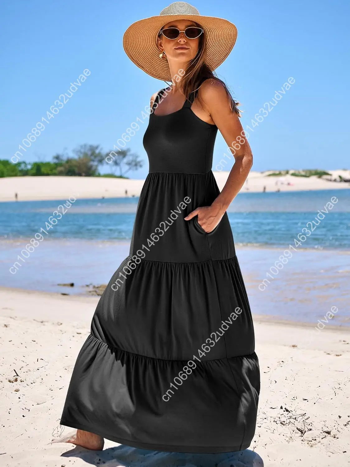 Feminino verão casual longo maxi praia férias vestidos sem mangas pescoço quadrado flowy em camadas vestido de sol com bolsos