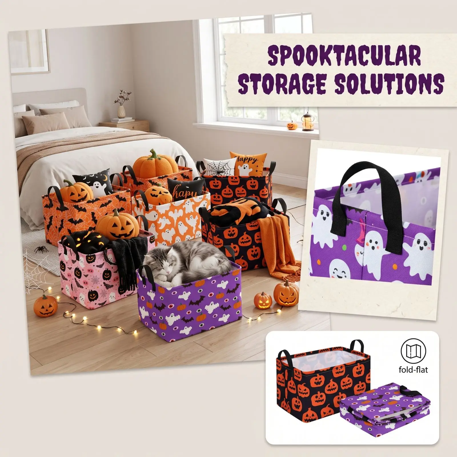 Halloween Laundry Basket Halloween Themed Printed Storage Container Foldable Storage Basket for Clothes Bathroom and Bedroom ﻿