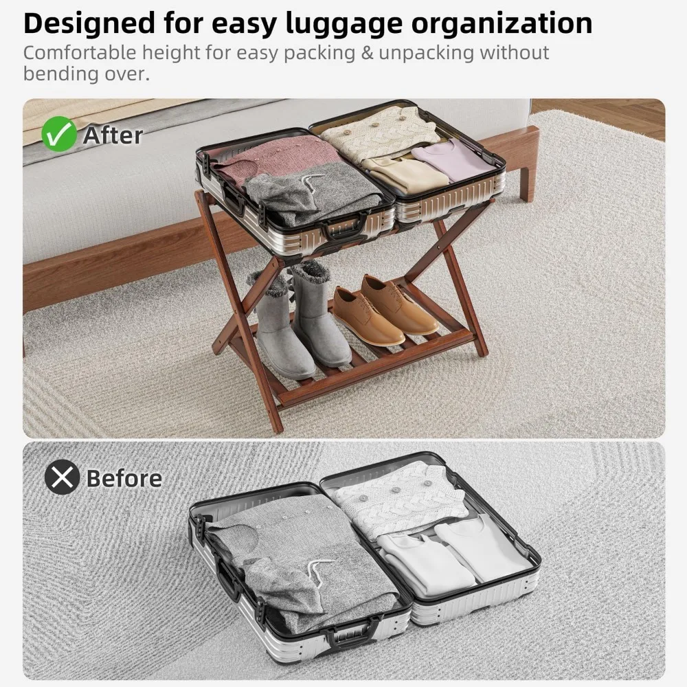 2-Pack Bamboo Luggage Rack with Storage Shelf, Foldable Suitcase Stand for Bedroom and Hotel Use