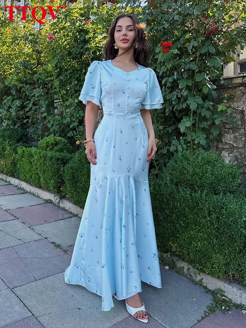 

TTQV Summer Loose Print Women's Dress 2026 Fashion O-Neck Short Sleeve Maxi Dresses Elegant High Waist Pleated Female Dress