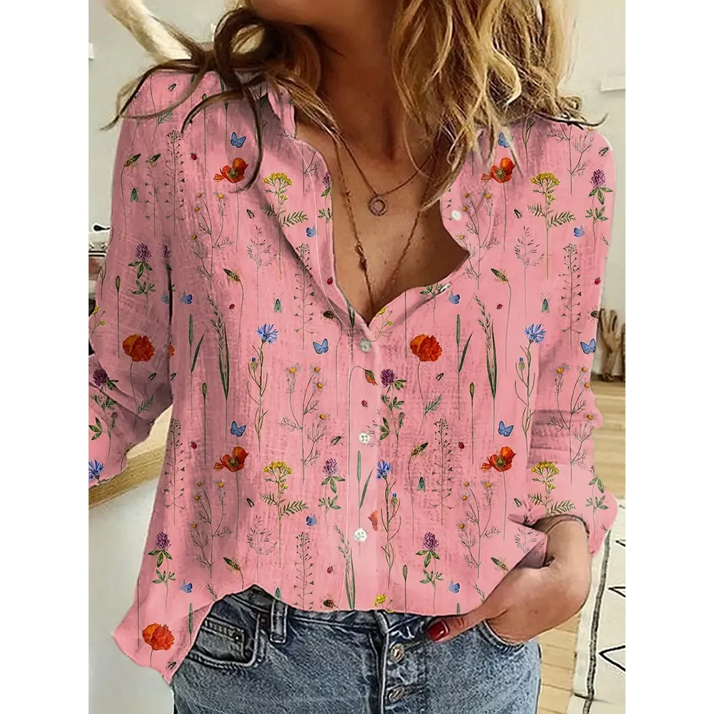 Women's Long Sleeve Shirts Fashion Elegant 3D Floral Printed Tops Autumn Spring Lady Single Breasted Basic Button Lapel Shirts