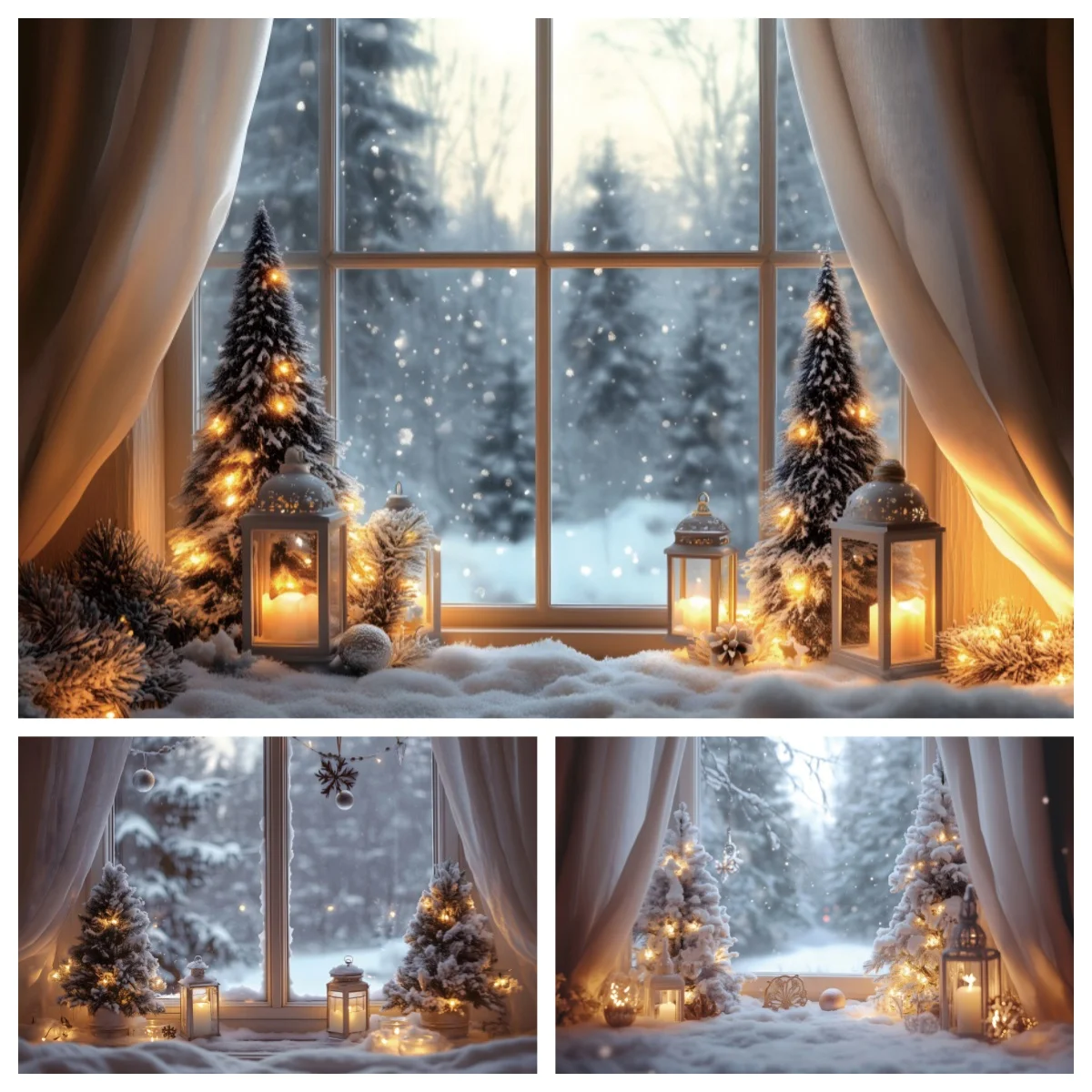 Winter Wood Window Scene Backdrops Photography Forest Snowscape Christmas Trees Candle Kids Family Party Decor Photo Backgrounds