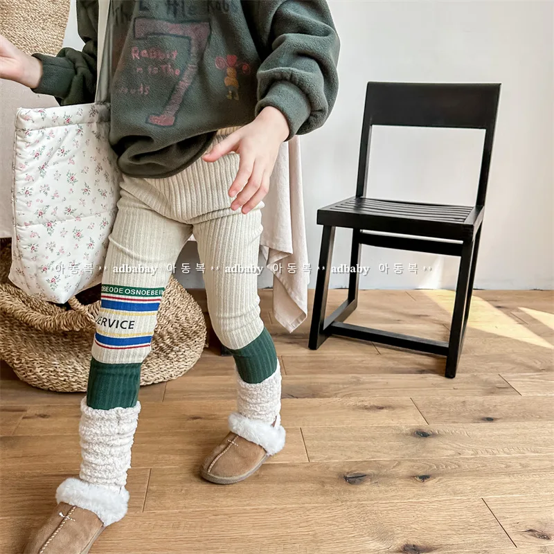 2026 Winter New Baby Plus Velvet Thick Leggings Infant Girl Striped Warm Pants Cotton Splice Toddler Kids Fleece Casual Trousers
