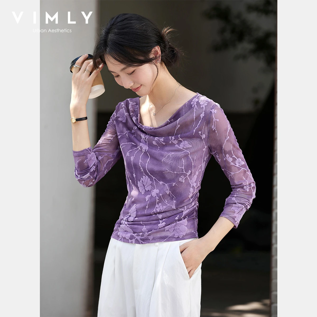 VIMLY امرأة الموضة الأزهار طباعة سوينغ الرقبة تي شيرت عادية محبوك سيدة تيز كم طويل سليم صالح الإناث قمة الخريف 2025 A3061 #1