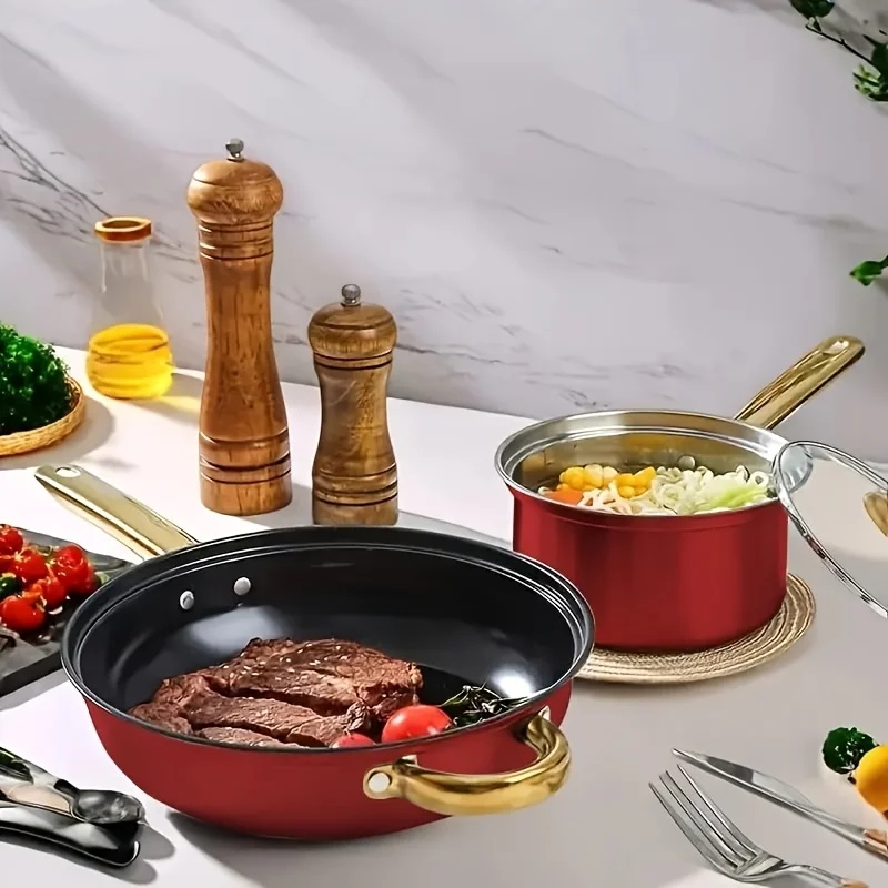 طقم مقلاة غير لاصقة مكون من 12 قطعة - أواني طهي حثية من الفولاذ المقاوم للصدأ للغاز/الكهرباء، مقلاة ومقلاة مقاومة للحرارة #3