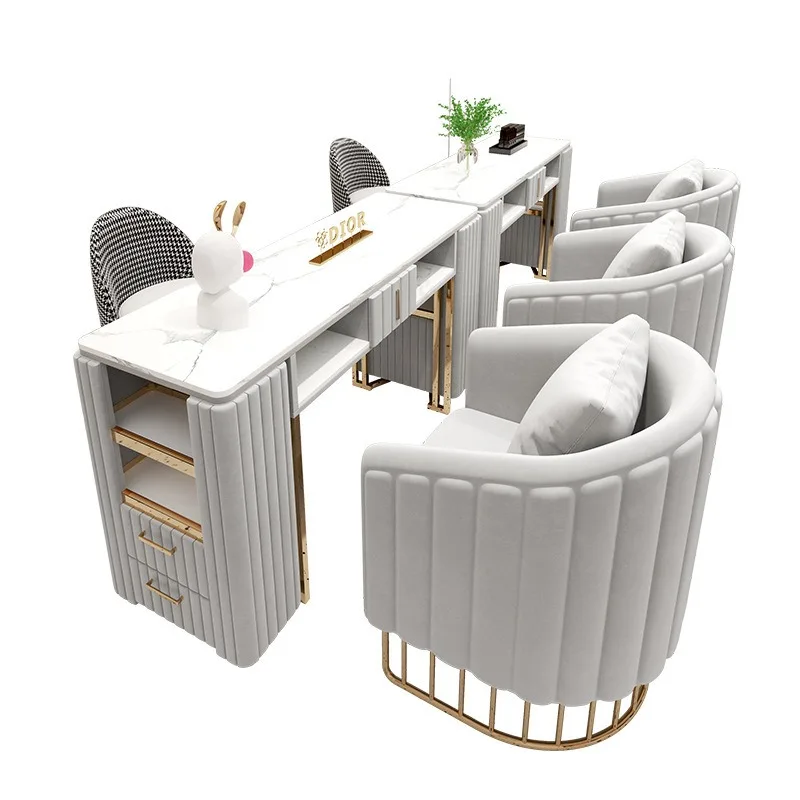Nail Art Table Chair Set Double Marble Makeup and Manicure Table