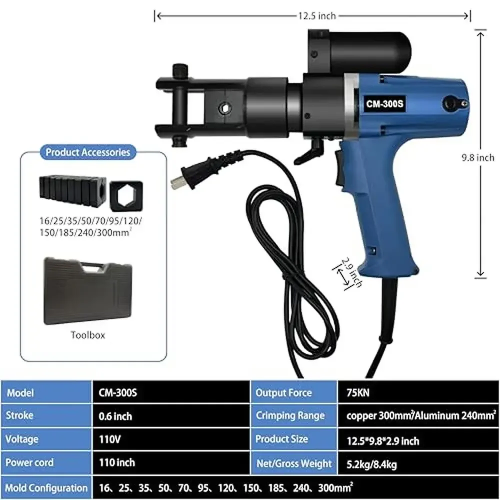 Battery Cable Lug Crimper Kit Electric Hydraulic Crimping Tool 7.5Ton with 2.8m Wire 75KN Electrical Lugs Wire Crimping Kit 11