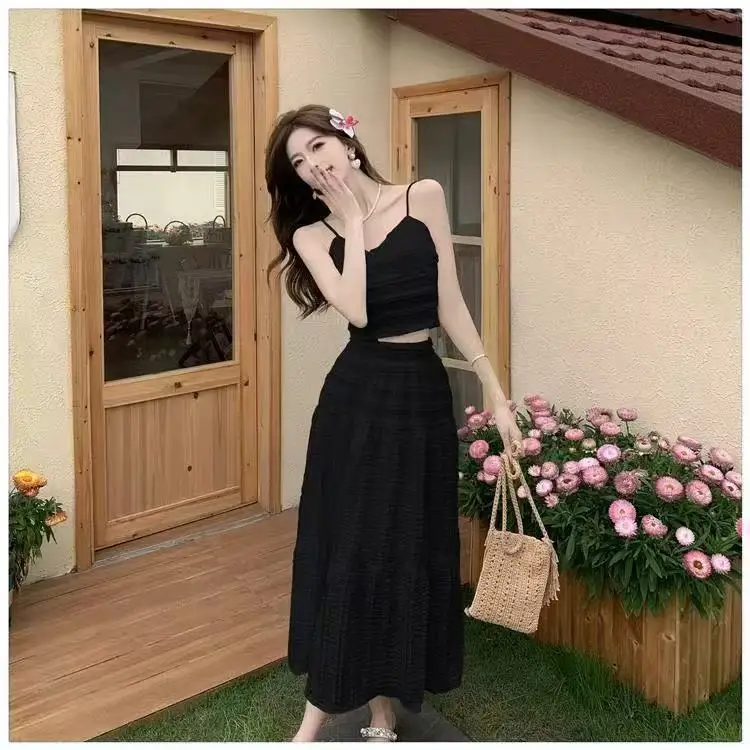 French gentle style summer new high waisted cake skirt+fashionable camisole vest two-piece set