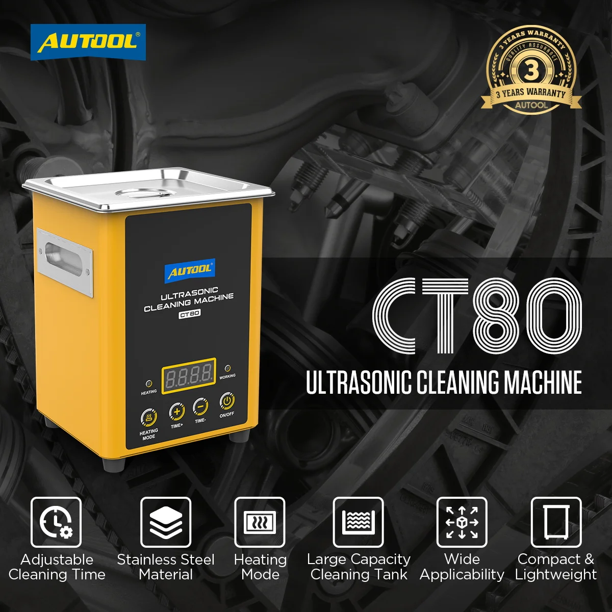 

AUTOOL CT80 Ultrasonic Cleaners 110V Heater 40kHZ Ultrasonic Cleaning Machine for Parts Glasses and Car Cleaning Tool