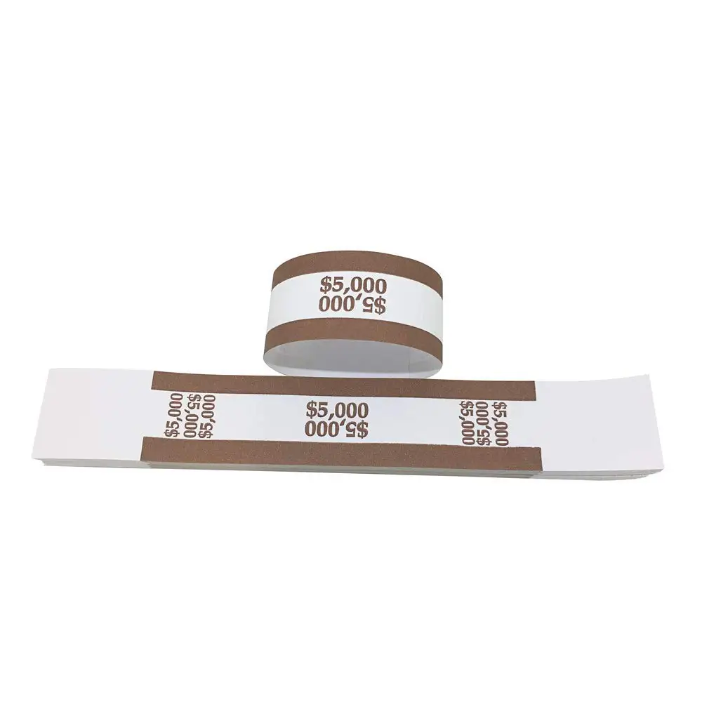 $5000 Currency Band Bundles Self Sealing Blank White Currency Straps Bands Money Bill Band Strap New, Brown, 7.5 x 1.15 Inches