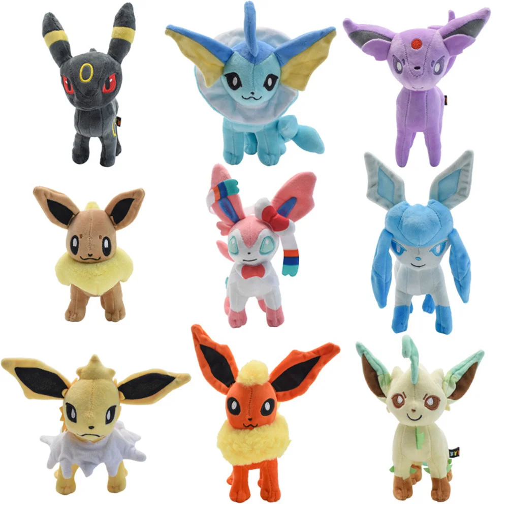 New 10PCS Pik Syv Eev Lea Vap Gla Fla Esp Umb Sylveon Eevee Flareon Vaporeon Leafeon Umbreon Glaceon 7-9.5“ 17-24CM Plush Doll