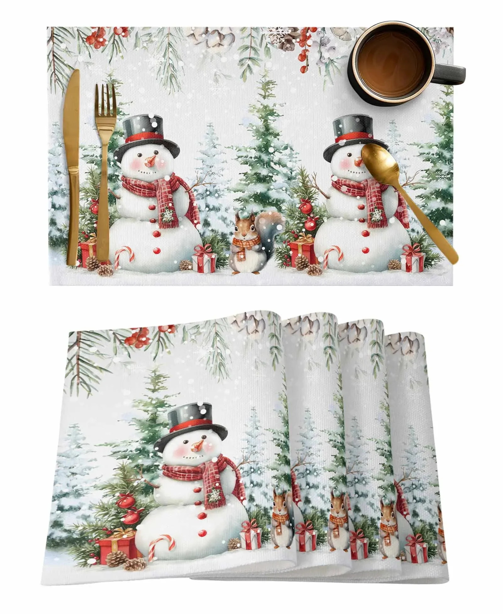 4PCS Christmas Snowman Berry Pine Christmas Tree Squirrel Placemats Linen Dining Table Mats Coaster Kitchen Home Decoration