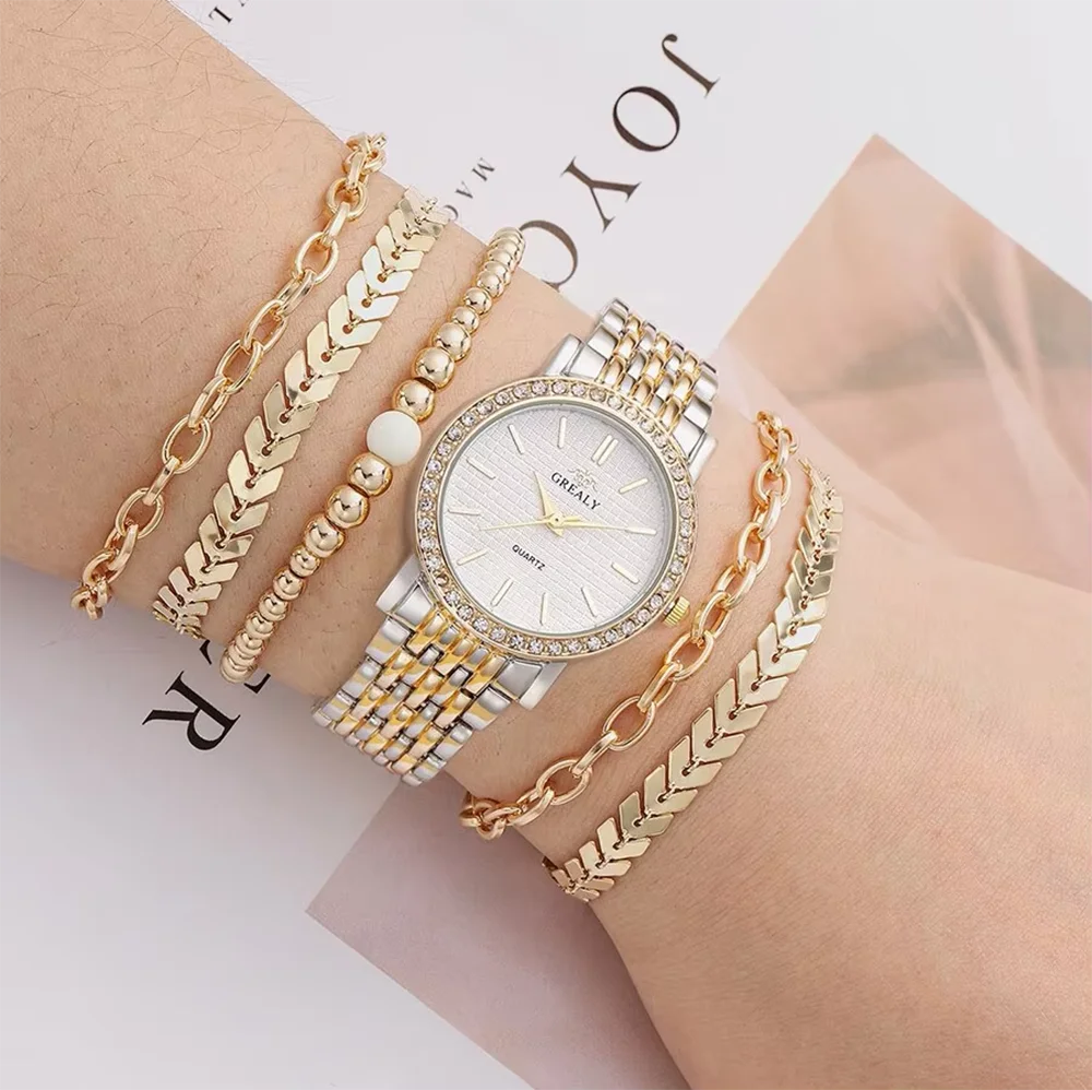 6pcs Women\'s Watch Casual Stainless Steel Strap Material Quartz Watch and Jewelry Bracelet Set