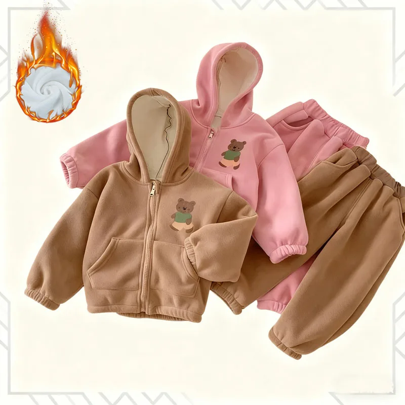 Girls Fleece Sets Winter Warm Cartoon Suit Children Hooded Coat Pants 2Pcs Boys Long-Sleeved Casual Outfits Autumn Kids Clothes