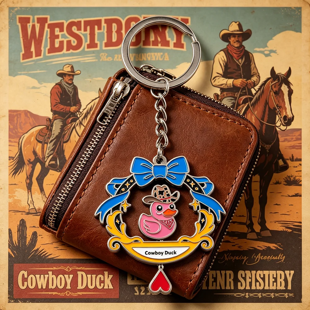 Lustiger rotierender Cowboy-Enten-Schlüsselanhänger, doppelseitig drehbarer rosa Enten-Schlüsselring, Kawaii-Tier-Metallanhänger, Schmuck für Rucksack und Tasche – Detail 12