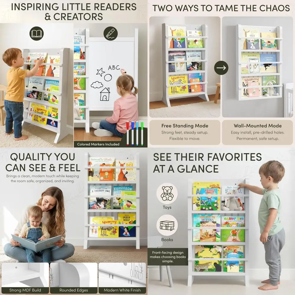 

Montessori-Inspired Wooden Toddler Bookshelf with Whiteboard, Dry Erase Markers for Kids' Rooms and Nurseries