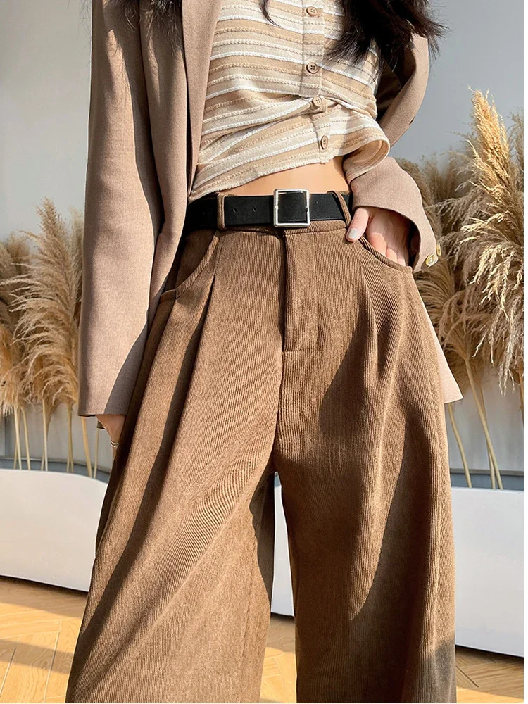 Khaki Women\'s Corduroy Pants with Fleece 2024 Spring Wide Leg Pants Baggy Straight Slim Suit Trousers for Winter Warm Joggers