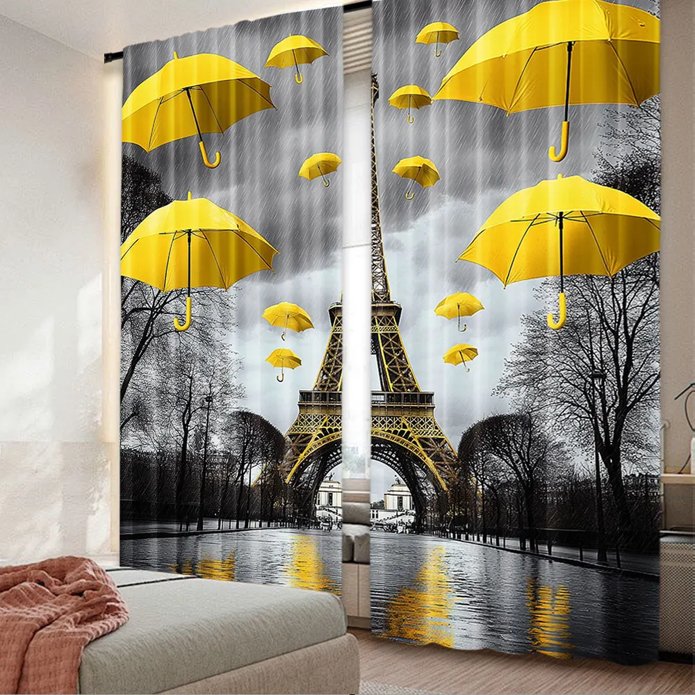 

2Pcs Eiffel Tower Curtain France Paris Valentine'S Day City Yellow Umbrella Vintage Romantic European Raining Landscape Rainy