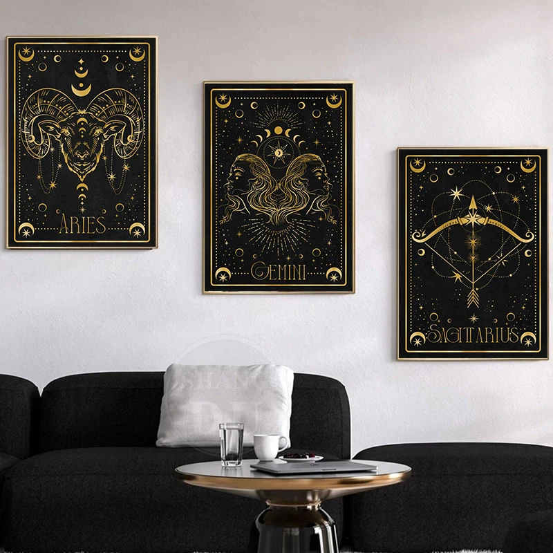 Golden Twelve Constellations Sagittarius Cancer Leo Aries Divination Art Poster Canvas Paintings Wall Art Pictures Home Decor