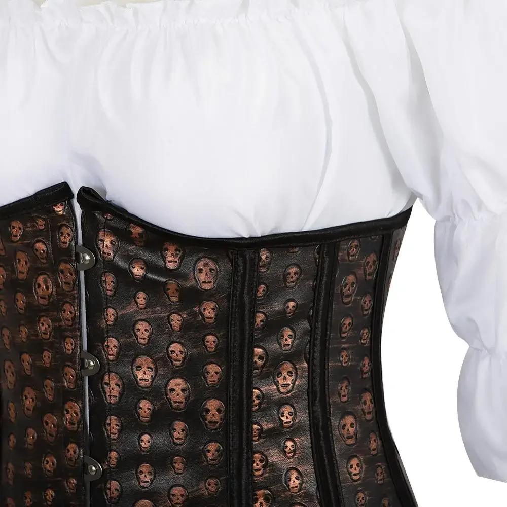 Women Corset Skirt Blouse Suit Leather Bustiers Outfits Steampunk Skull Underbust Skirts Shirt Set Carnival Party Costumes