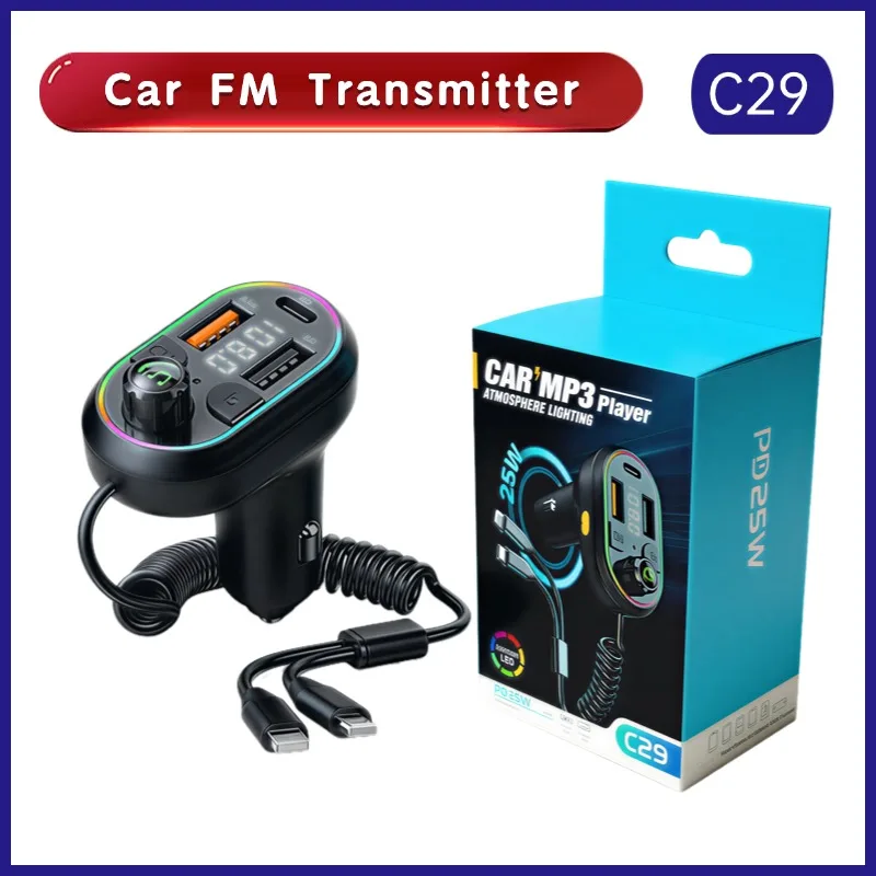 

Автомобильный Bluetooth FM-передатчик, беспроводной аудиоприемник, 25 Вт PD, MP3-плеер с быстрой зарядкой и портом Type-C, зарядный кабель