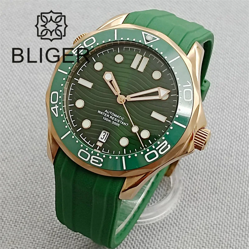 BLIGER Luxury 41mm Men Watch Rose gold Case Ceramic Sapphire Glass Green Dial Green Date At 6 o\'clock NH35 Movement Rubber Strap