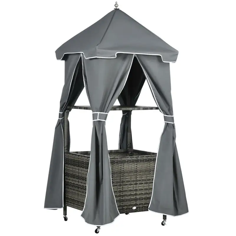 

Outsunny Outdoor Towel Valet Caddy, Covered Poolside Towel Holder Rack, Shelf, Basket, Rolling PE Rattan Wicker Storage on Wheels, Gray