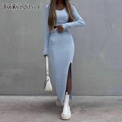 TWOTWINSTYLE Solid Two Piece Set For Women Round Neck Long Sleeve Tops High Waist Split Designer Skirt Slimming Sets Female New