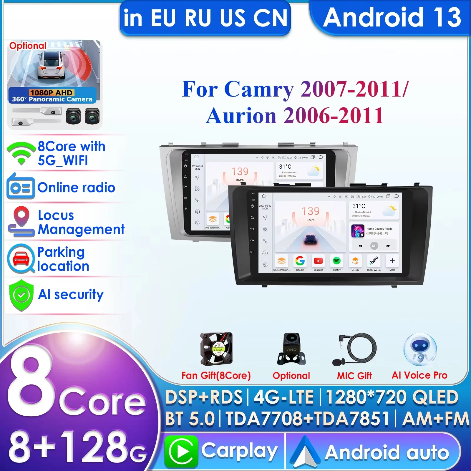 

2 Din Android 13 Car Radio For Toyota Camry 7 XV 40 50 2006 - 2011 Multimedia Video Player GPS 4G Carplay Auto Stereo Head Unit