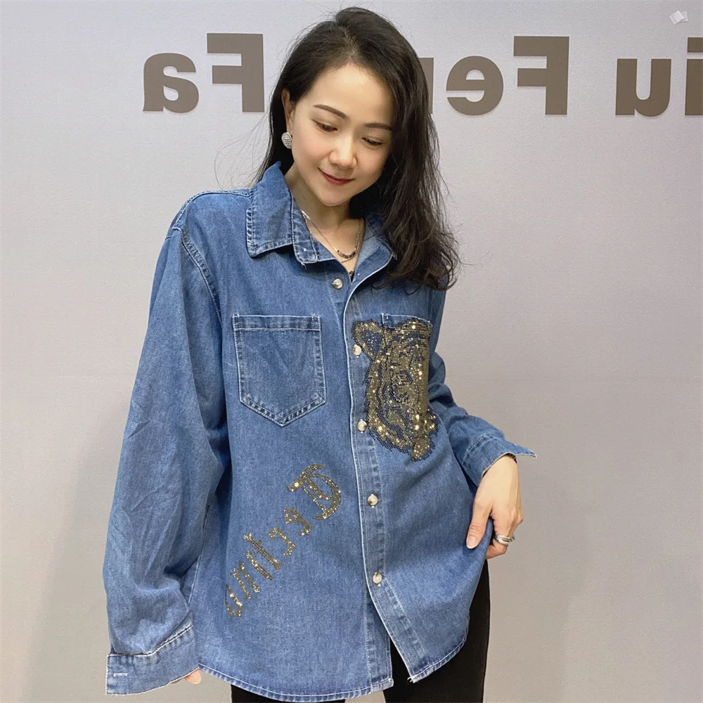 European Station Long Sleeve Denim Shirt Women's Spring and Autumn New Cartoon Hot Diamond Top Loose Fashion Jacket Coat